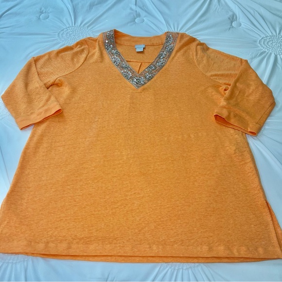 Chico's 100% Linen Orange Sequin V-Neck Long Line Tunic Size Large - Picture 7 of 16